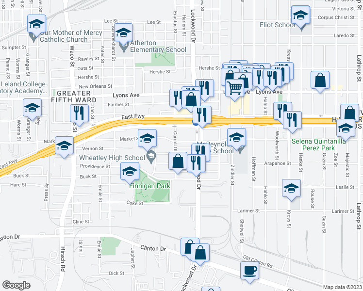 map of restaurants, bars, coffee shops, grocery stores, and more near 1235 Carroll Oliver Way in Houston