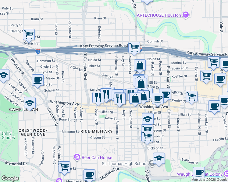 map of restaurants, bars, coffee shops, grocery stores, and more near 5200 Nett Street in Houston