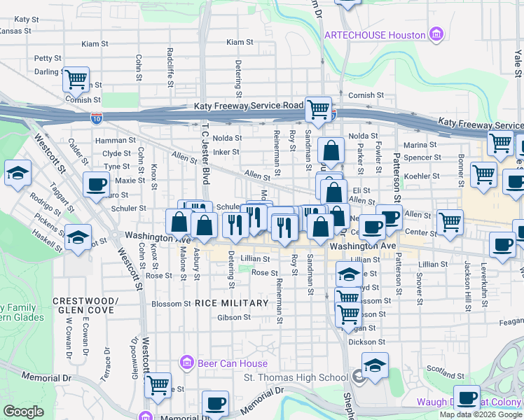 map of restaurants, bars, coffee shops, grocery stores, and more near 5230 Nett Street in Houston