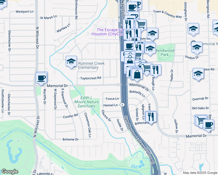 map of restaurants, bars, coffee shops, grocery stores, and more near 12930 Butterfly Lane in Houston