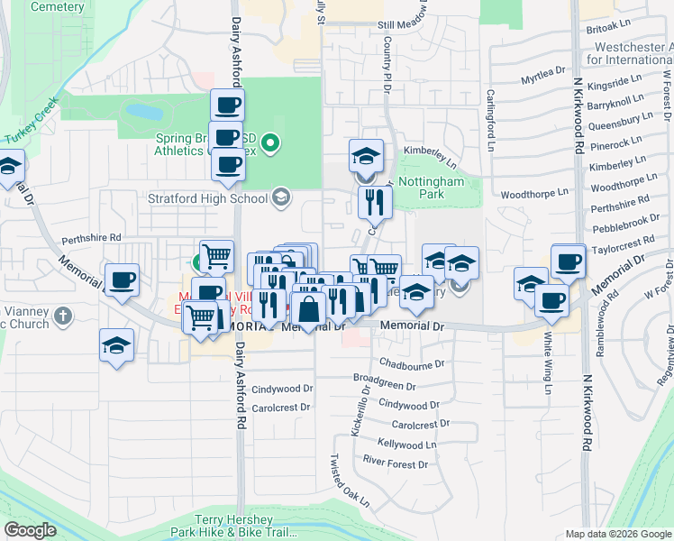 map of restaurants, bars, coffee shops, grocery stores, and more near 2043 Mackilsee Lane in Houston