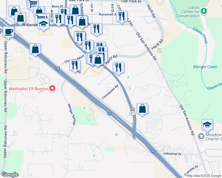 map of restaurants, bars, coffee shops, grocery stores, and more near 120 Crosspoint Road in Boerne