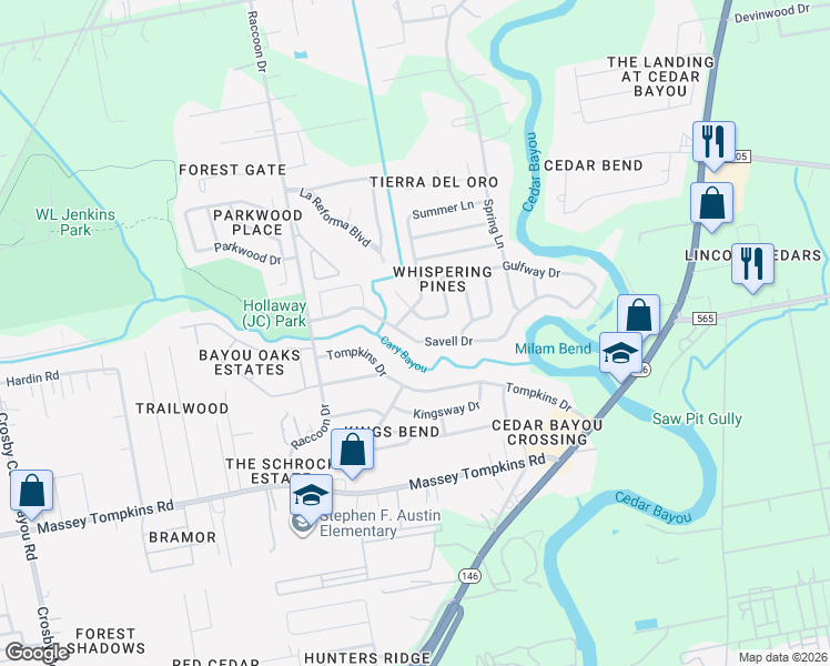 map of restaurants, bars, coffee shops, grocery stores, and more near 3607 Savell Drive in Baytown