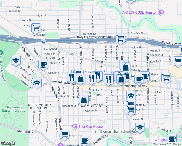 map of restaurants, bars, coffee shops, grocery stores, and more near 1203 Detering Street in Houston