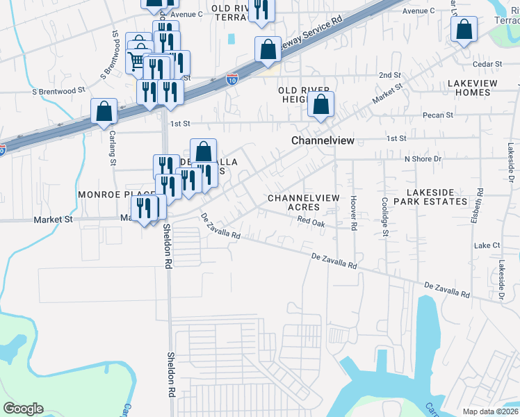 map of restaurants, bars, coffee shops, grocery stores, and more near 16010 Red Oak in Channelview