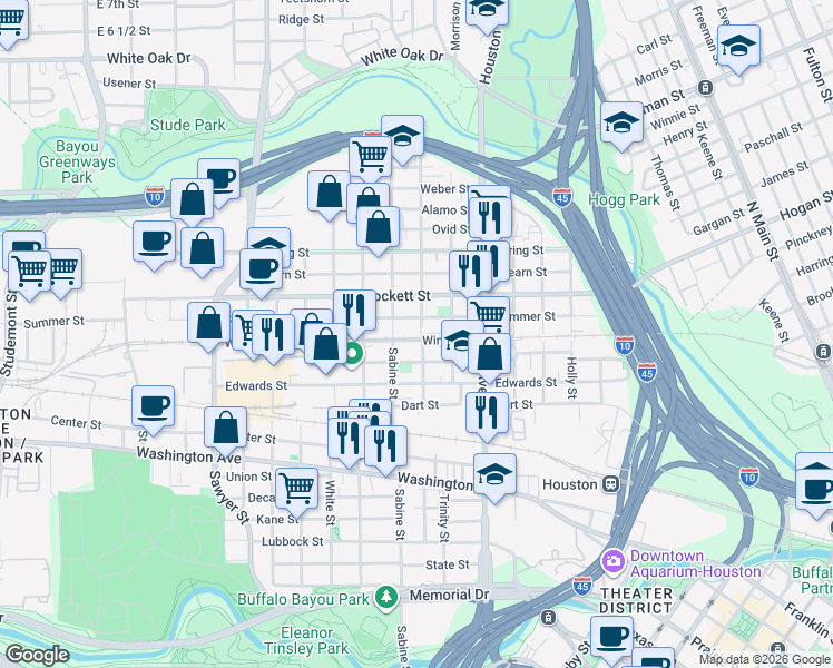 map of restaurants, bars, coffee shops, grocery stores, and more near 1514 Colorado Street in Houston