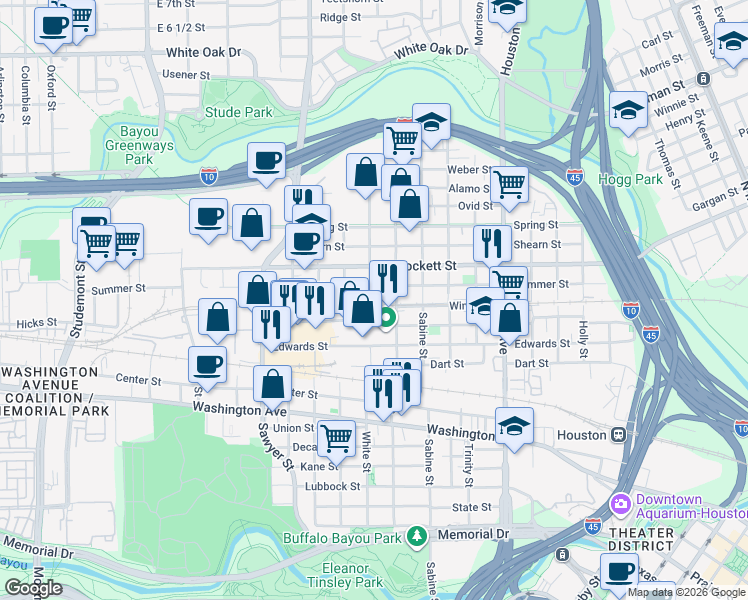 map of restaurants, bars, coffee shops, grocery stores, and more near 1501 Silver Street in Houston