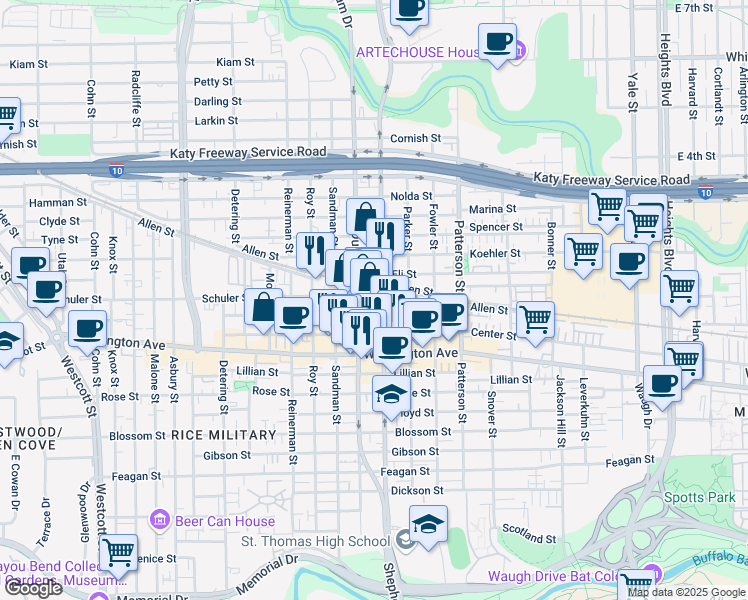 map of restaurants, bars, coffee shops, grocery stores, and more near 1200 Durham Drive in Houston