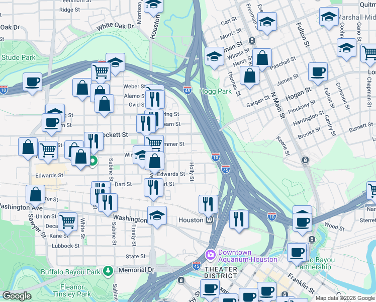 map of restaurants, bars, coffee shops, grocery stores, and more near 1208 Winter Street in Houston