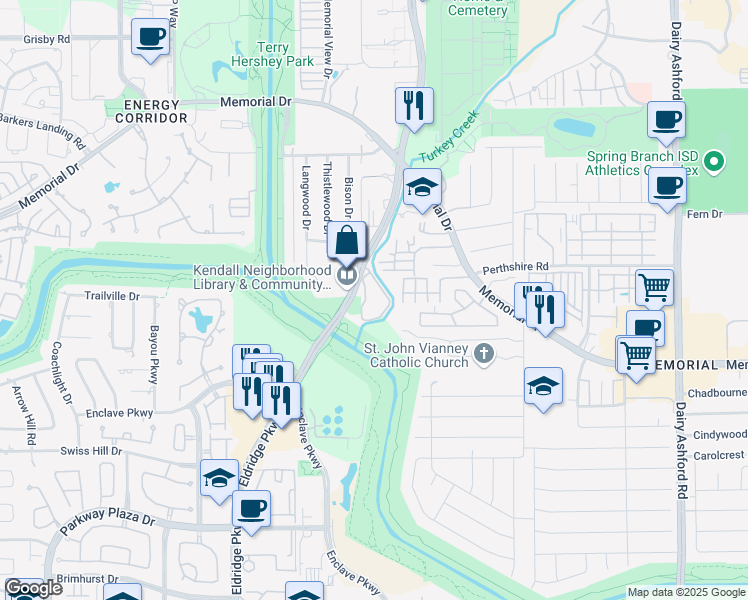 map of restaurants, bars, coffee shops, grocery stores, and more near 604 North Eldridge Parkway in Houston