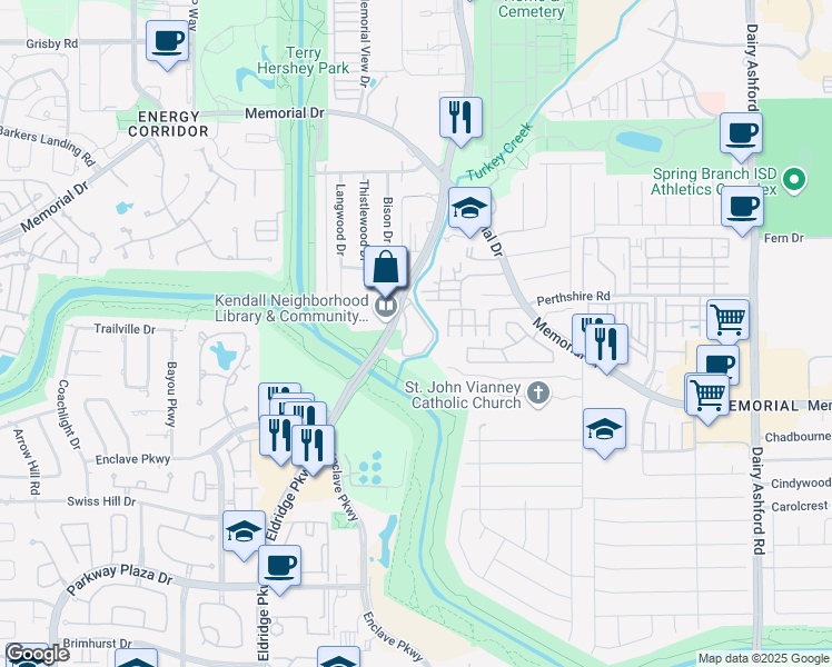 map of restaurants, bars, coffee shops, grocery stores, and more near 628 North Eldridge Parkway in Houston