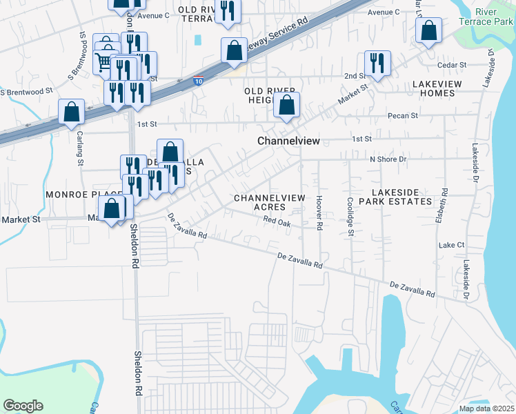 map of restaurants, bars, coffee shops, grocery stores, and more near 16024 Red Oak in Channelview