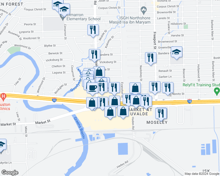 map of restaurants, bars, coffee shops, grocery stores, and more near 13463 East Freeway in Houston