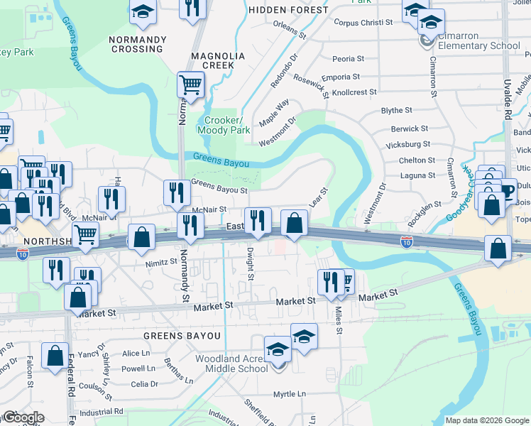 map of restaurants, bars, coffee shops, grocery stores, and more near 12903 East Freeway in Houston