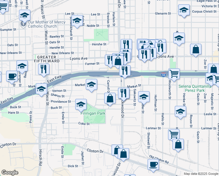 map of restaurants, bars, coffee shops, grocery stores, and more near 1235 Carroll Oliver Way in Houston