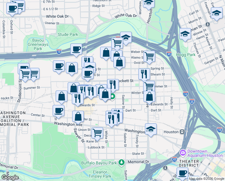 map of restaurants, bars, coffee shops, grocery stores, and more near 1501 Silver Street in Houston