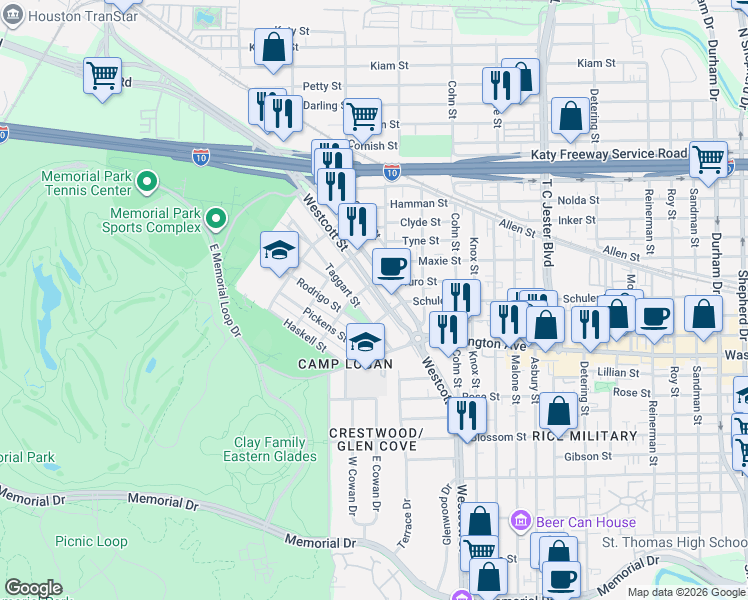 map of restaurants, bars, coffee shops, grocery stores, and more near 6302 Taggart Street in Houston