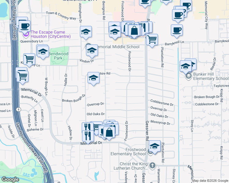map of restaurants, bars, coffee shops, grocery stores, and more near 12418 Cobblestone Drive in Houston