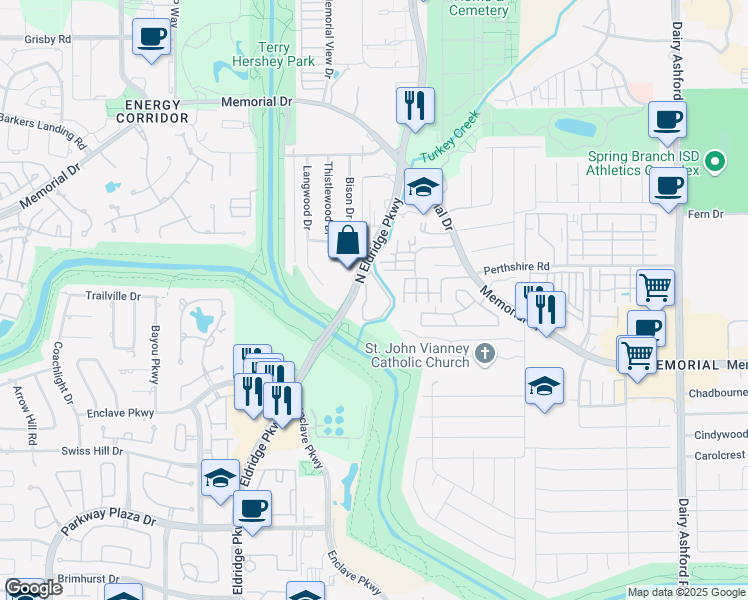 map of restaurants, bars, coffee shops, grocery stores, and more near 654 North Eldridge Parkway in Houston