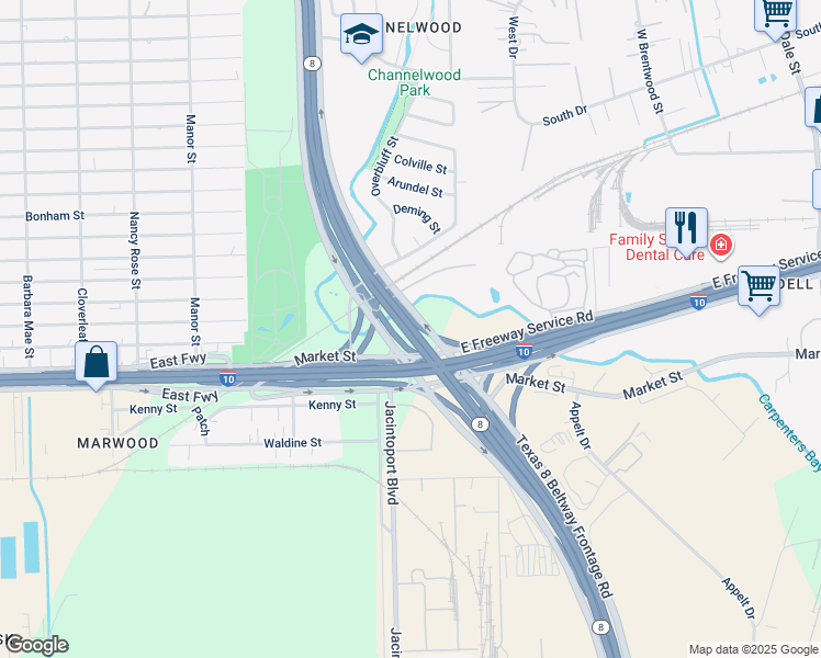 map of restaurants, bars, coffee shops, grocery stores, and more near Sam Houston Tollway in Channelview