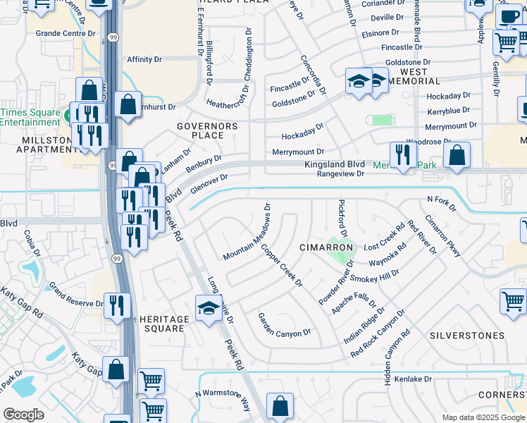 map of restaurants, bars, coffee shops, grocery stores, and more near 714 Mountain Meadows Drive in Katy