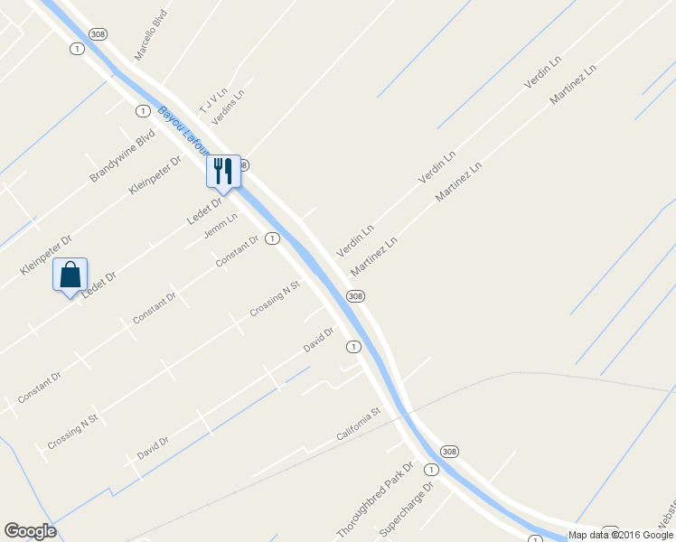 map of restaurants, bars, coffee shops, grocery stores, and more near 711 Louisiana 308 in Thibodaux