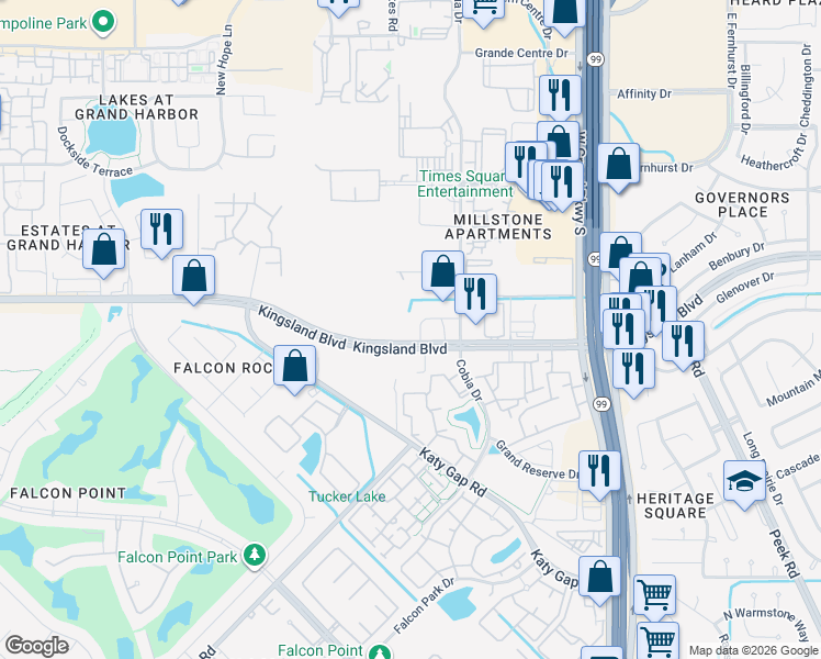 map of restaurants, bars, coffee shops, grocery stores, and more near 23530 Kingsland Boulevard in Katy