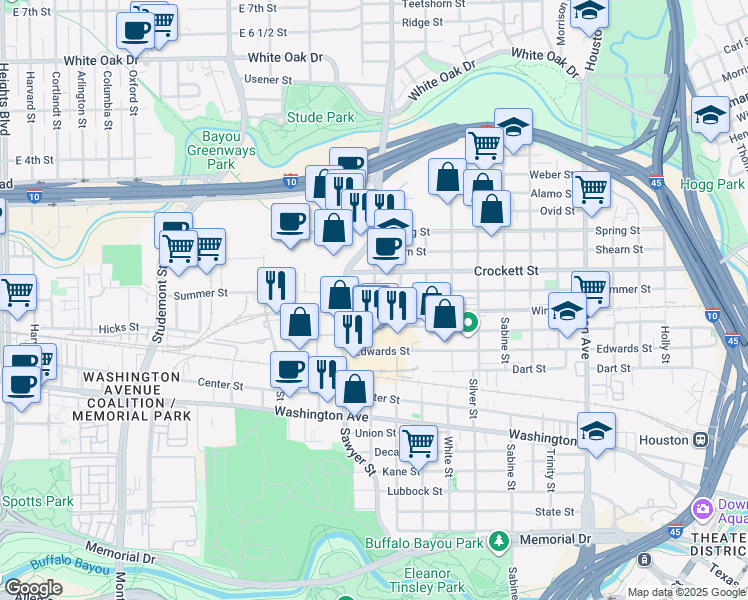 map of restaurants, bars, coffee shops, grocery stores, and more near 1502 Sawyer Street in Houston