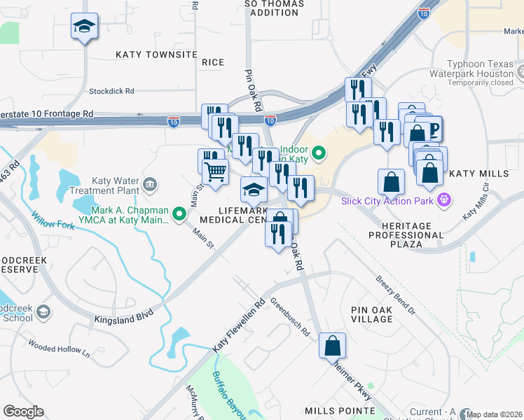 map of restaurants, bars, coffee shops, grocery stores, and more near Kingsland Boulevard in Katy