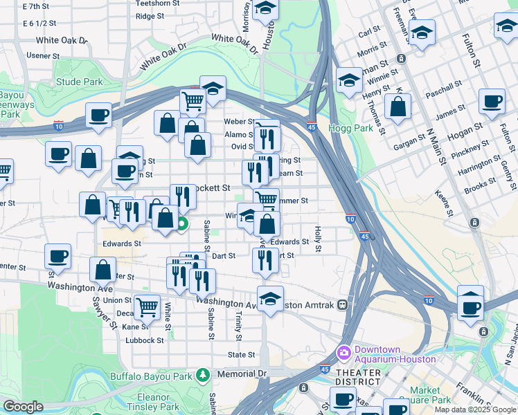 map of restaurants, bars, coffee shops, grocery stores, and more near 1615 Houston Avenue in Houston