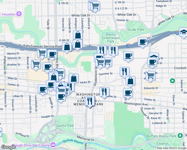 map of restaurants, bars, coffee shops, grocery stores, and more near 21 Studemont Street in Houston