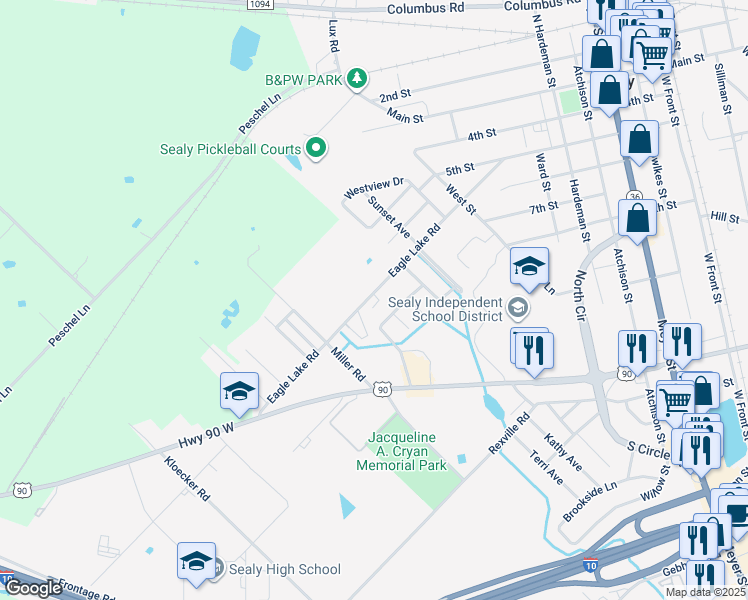 map of restaurants, bars, coffee shops, grocery stores, and more near 1300 Eagle Lake Road in Sealy
