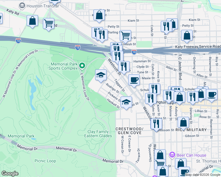 map of restaurants, bars, coffee shops, grocery stores, and more near 6501 Pickens Street in Houston