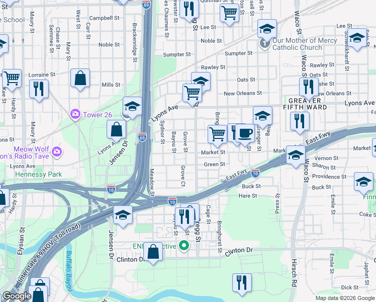 map of restaurants, bars, coffee shops, grocery stores, and more near 3211 Zarzana Alley in Houston