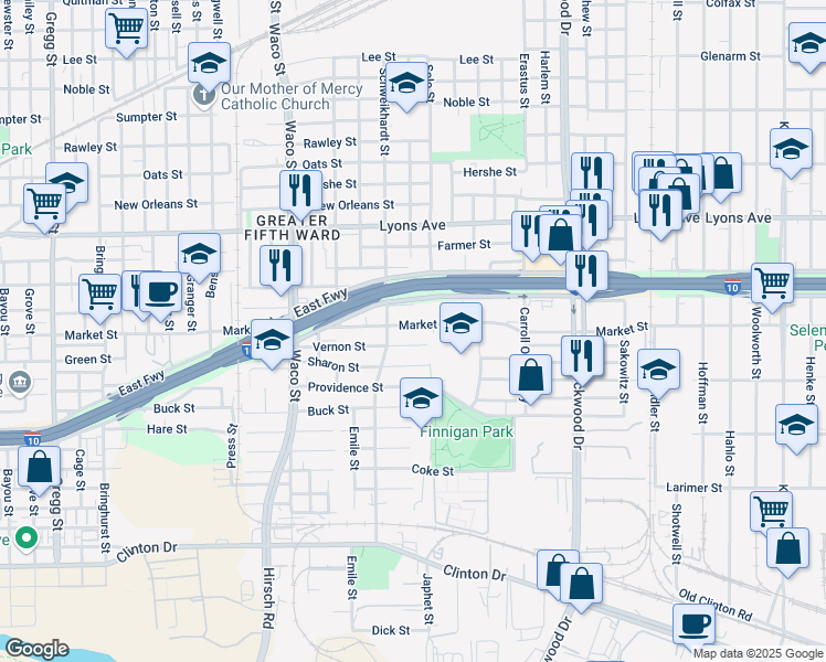 map of restaurants, bars, coffee shops, grocery stores, and more near 4718 Vernon Street in Houston