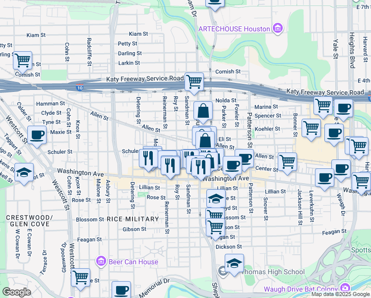 map of restaurants, bars, coffee shops, grocery stores, and more near 1100 Roy Street in Houston
