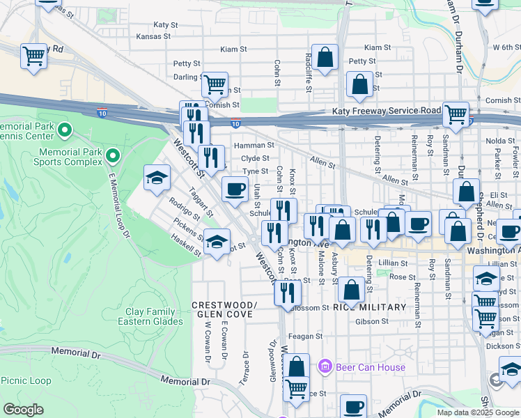 map of restaurants, bars, coffee shops, grocery stores, and more near 6012 Center Street in Houston
