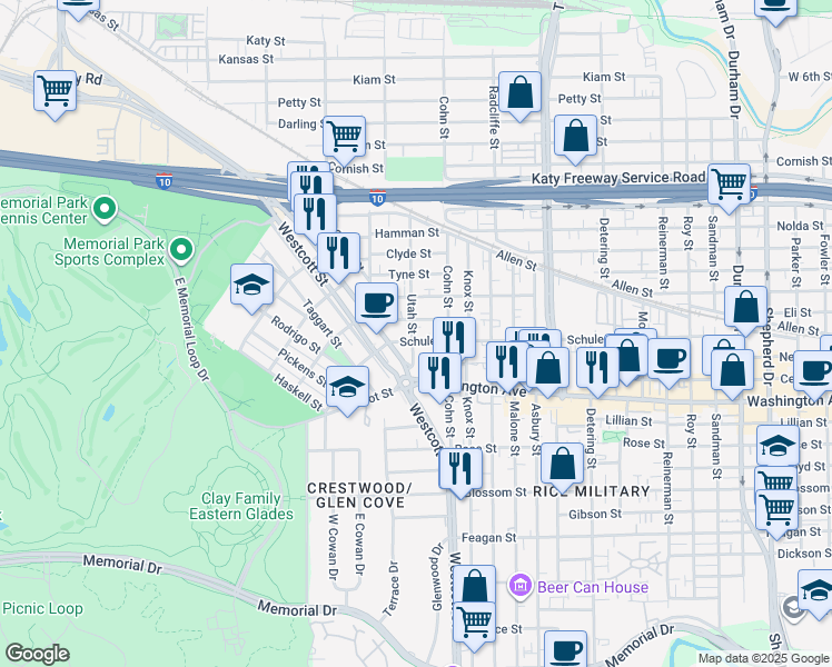 map of restaurants, bars, coffee shops, grocery stores, and more near 6012 Center Street in Houston