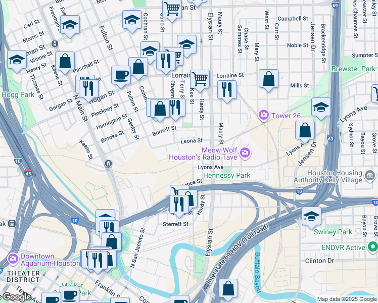 map of restaurants, bars, coffee shops, grocery stores, and more near 1603 Lyons Avenue in Houston