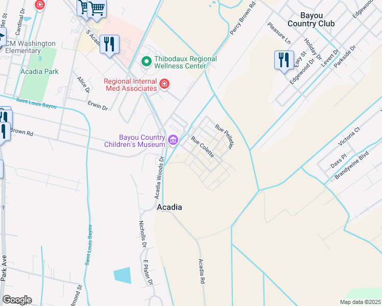 map of restaurants, bars, coffee shops, grocery stores, and more near Rue L'Amitie in Thibodaux