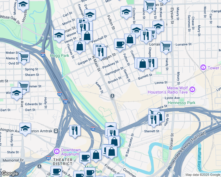 map of restaurants, bars, coffee shops, grocery stores, and more near 607 Burnett Street in Houston