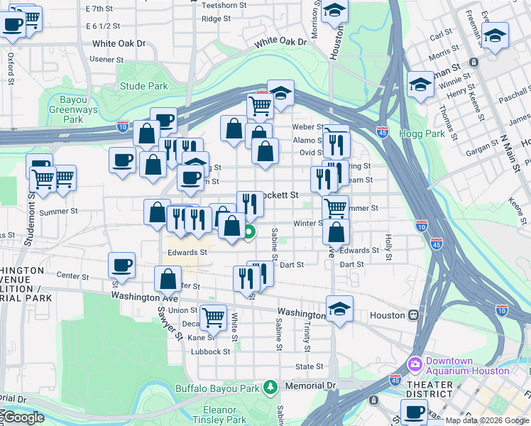 map of restaurants, bars, coffee shops, grocery stores, and more near 1801 Crockett Street in Houston