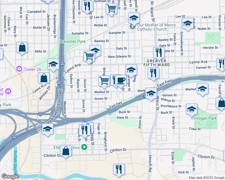 map of restaurants, bars, coffee shops, grocery stores, and more near 1403 Pannell Street in Houston