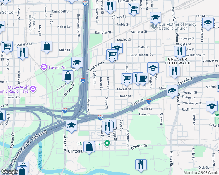 map of restaurants, bars, coffee shops, grocery stores, and more near 3215 Stonewall Street in Houston