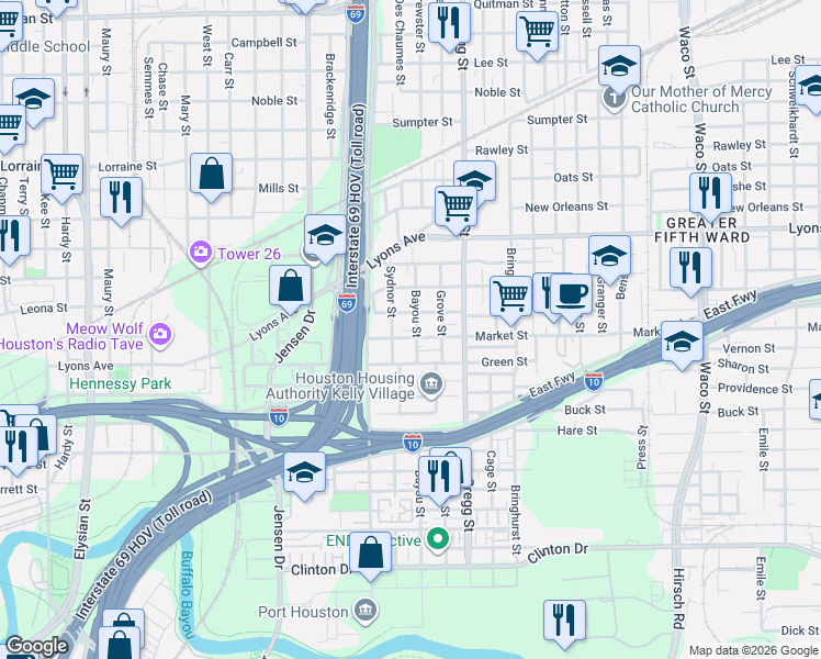 map of restaurants, bars, coffee shops, grocery stores, and more near 1402 Sydnor Street in Houston