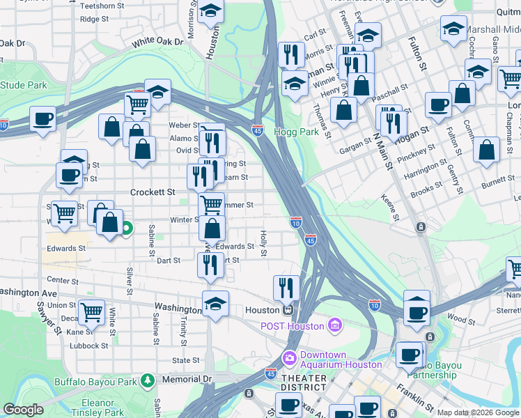 map of restaurants, bars, coffee shops, grocery stores, and more near 1114 Summer Street in Houston