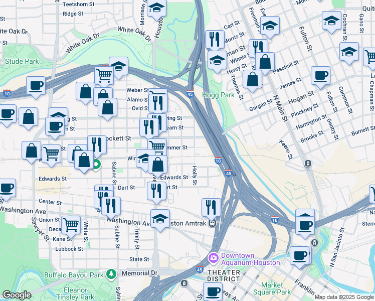 map of restaurants, bars, coffee shops, grocery stores, and more near 1715 Goliad Street in Houston