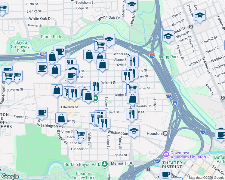 map of restaurants, bars, coffee shops, grocery stores, and more near 1621 Crockett Street in Houston