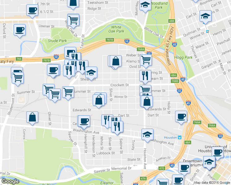 map of restaurants, bars, coffee shops, grocery stores, and more near 1801 Crockett Street in Houston