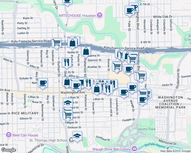 map of restaurants, bars, coffee shops, grocery stores, and more near 4306 Eli Street in Houston